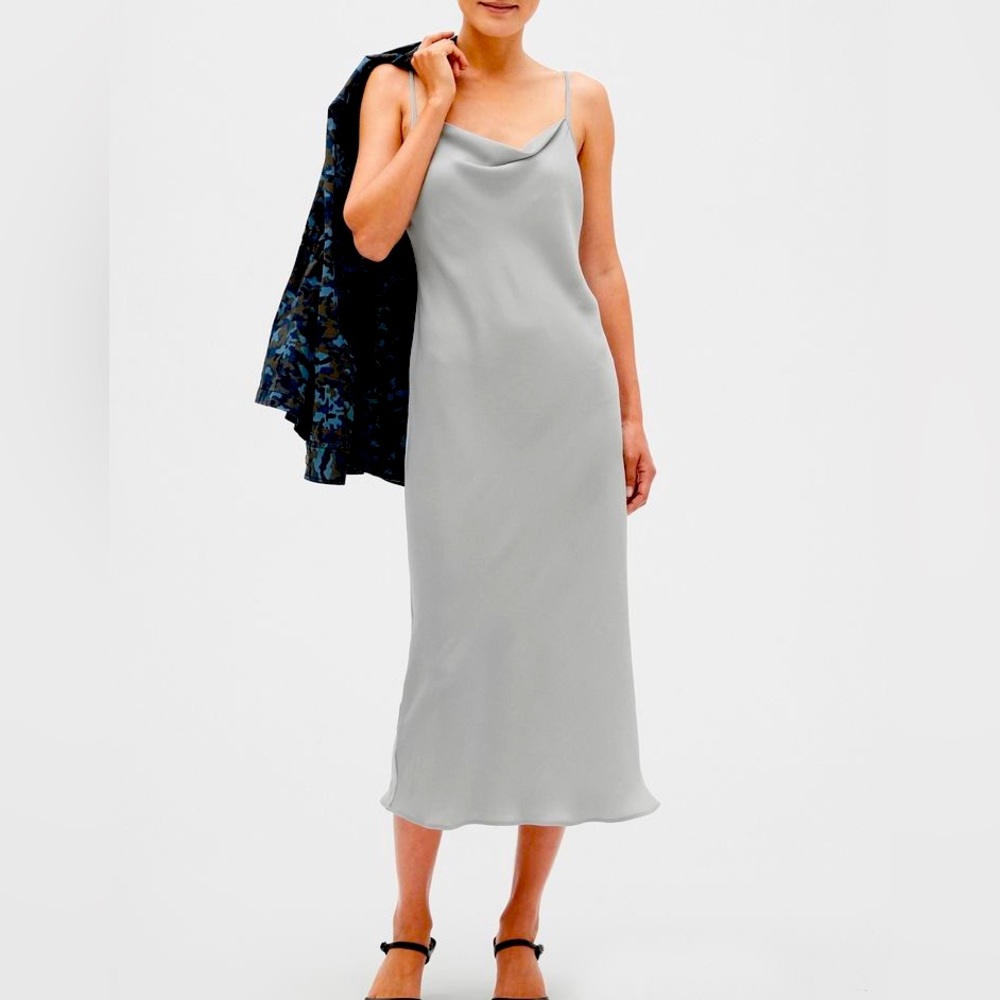 NWT BANANA REPUBLIC Cowl Neck Bias Cut Satin Slip Midi Dress | 6 silver gray